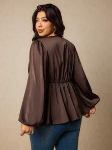 Elaquor Plus Size Solid Color Twist Knot V-Neck Elegant Office Wear Long Sleeve Shirt Spring