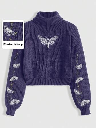 Goth Suéter de cuello redondo bordado con mariposas y enredaderas, talla grande, Suéter navideño vintage morado bordado, Suéter de cuello redondo para mujer talla grande