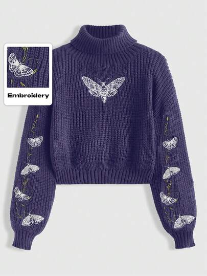 Goth Plus Size Moth & Butterfly Vine Embroidered Pullover Sweater, Vintage Purple Embroidered Christmas Sweater, Plus Size Women Pullover Sweater