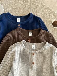 LMoss Kids LMoss 3件套男童纯色圆领休闲T恤，女童长袖上衣，舒适秋冬款式，长袖上衣，冬季服装，秋季服装，棕色上衣