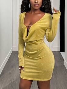 SHEIN BamGlam New Sexy & Elegant Beaded Deep V-Neck Hollow Out Long Sleeve Bodycon Dress For Women, Autumn/Winter - Yellow - View 5