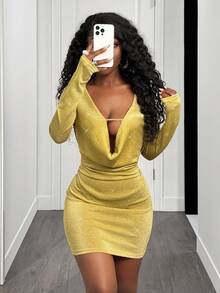 SHEIN BamGlam New Sexy & Elegant Beaded Deep V-Neck Hollow Out Long Sleeve Bodycon Dress For Women, Autumn/Winter - Yellow - View 4