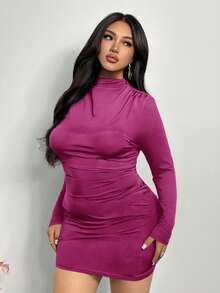 Firerie Plus Size Elegant Magenta Mini Bodycon Dress For Autumn, Ruched Fitted Night Out Club Dress,Commuter Curvy Style For Dates,Parties & Weddings - Hot Pink - View 6