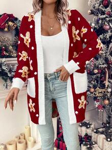 LanaWest Bear Pattern Dual Pocket Contrast Trim Dual Pocket Cardigan For New Year Clothes - Burgundy - View 7