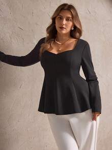 Elegantrix Blusa casual con cuello de corazón, cuello cuadrado y volantes en el bajo para mujer de talla grande - Negro - Ver 6