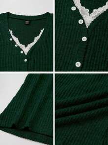 Zavorell Women's Casual Knitted V-Neck Lace Patchwork Button Decorated Long-Sleeved Autumn And Winter Top - Dark Green - View 3