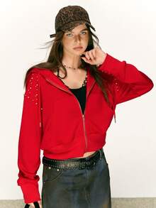 Rina Fox 女式插肩袖连帽抽绳休闲铆钉运动衫 - 紅色 - 查看 6