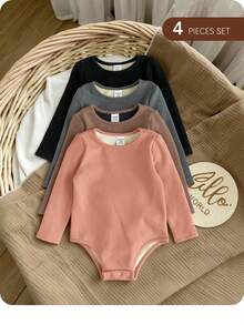 SHEIN 4件套女婴纯色针织长袖连体衣，休闲简约风格，适合室内、户外滑雪、日常穿着、运动、玩耍、派对、摄影、圣诞节以及秋冬季其他场合。 - 彩色 - 查看 1