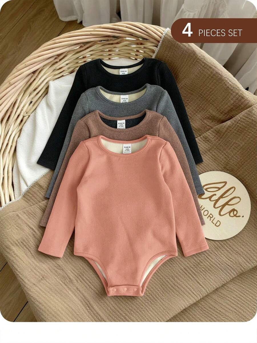 SHEIN 4件套女婴纯色针织长袖连体衣，休闲简约风格，适合室内、户外滑雪、日常穿着、运动、玩耍、派对、摄影、圣诞节以及秋冬季其他场合。 - 彩色 - 查看 1