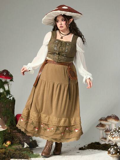 Fairycore Fairycore Vintage Elegant Brown Forest Mushroom & Wild Flower Embroidery Lace Trim Plus Size A-Line Skirt, Autumn/Winter Plus Size Women Skirt