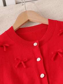 Tween Girls Sweater Set,Red And White Striped,Autumn,Cute,Holiday,Back-To-School Crew Neck Button Long Sleeve Knitted Top With Bow&Pleated Mini Skirt - Red - View 4