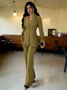 SHEIN PETITE 女士翻领收腰修身长袖长款西装套装，优雅商务OL装，适合工作、约会、秋季穿着 - 軍綠色 - 查看 6