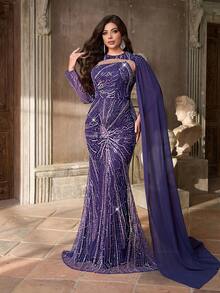 Aureia 加大码优雅浪漫紫色圆领不对称袖奢华亮片网眼拼布美人鱼下摆缀饰礼服（重度缀饰设计） - 紫色 - 查看 6