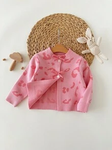 SHEIN Babygirl 休闲豹纹针织开衫，百搭秋冬 - 粉色 - 查看 7