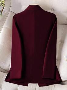 GlowEve CURVE Plus Size Solid Color Minimalist Daily Wear Button Decor Long Sleeve Blazer - Burgundy - View 2