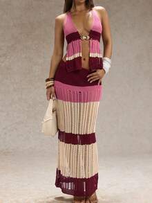 SHEIN Glamour Pink Stripe,Autumn,Boho,Vacation,Holiday Ladies' Elegant Knit Sleeveless Top & Long Hem Skirt Two Pieces Set,Fashion Crochet Party Outfit - Multicolor - View 4