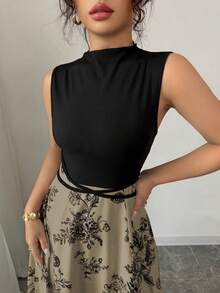 Elenzga 女士度假音乐节黑色针织罗纹拼接玫瑰印花系腰连衣裙 - 卡其色 - 查看 5