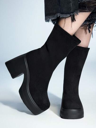 Sugerpunk Botas de tobillo elásticas de malla con tacón grueso y puntera redonda de estilo gótico para mujer, botas medianas de suela antideslizante para exteriores, nuevo estilo de primavera/otoño