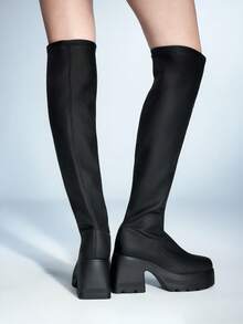 Sugerpunk Giày bốt cao đến đầu gối lưới đàn hồi mũi tròn phong cách Gothic dành cho nữ, thời trang ngoài trời xuân/thu, kiểu dáng mới, dễ xỏ chân - màu đen - Xem 5