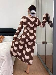 Snug Zone Women's Loose Casual Fluffy Big Heart Print Crew Neck Long Brown Lounge Dress Cute Fluffy Lounge Wear Pajama Dress , Cozy Winter Cute Lounge Set Heart Pajama Set Brown Pj Set Pajamas Lounge Set - Multicolor - View 5