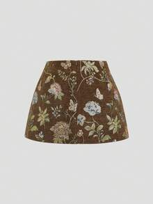 SHEIN PETITE 复古优雅派对风棕色碎花A字短款迷你裙，适合娇小女性，秋冬季穿着