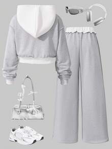 Sparklyn Tween Girl Bow Print Hooded Zip-Up Sweatshirt And Casual Pants Set, Outfit Sets, Full Outfit Set, Clothes Set, Grey Girls Outfit, Girl Outfit Set - Multicolor - View 2