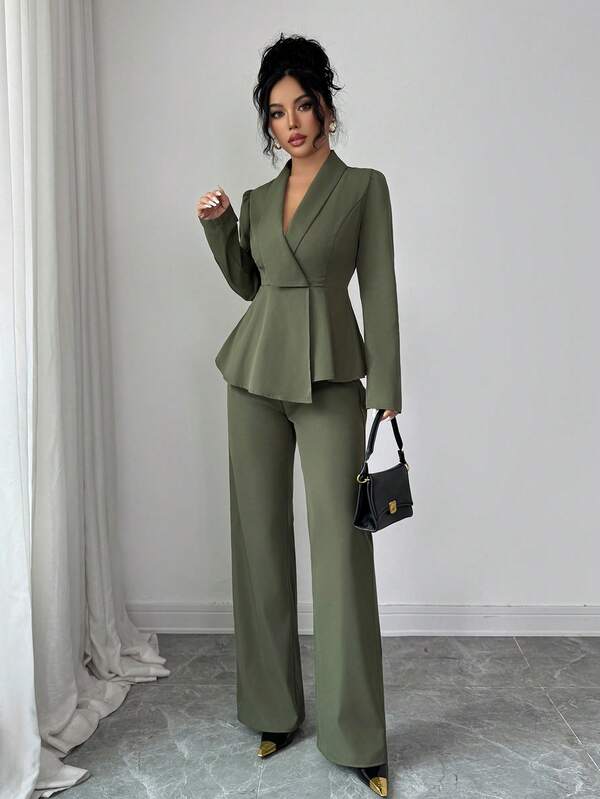 SHEIN Elenzya Women's Business/Office Commute Simple Solid Color Shawl Neck Peplum Top & Straight Leg Pants Set