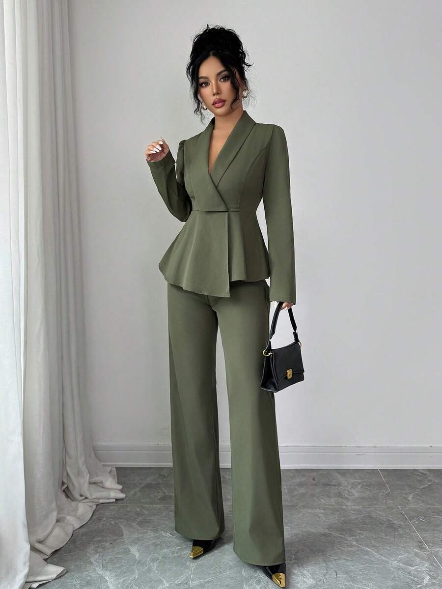 SHEIN Elenzya Set di top con volant a collo scialle e pantaloni a gamba dritta, colore tinta unita, adatto per ufficio e pendolarismo - Verde - Visualizzare 1