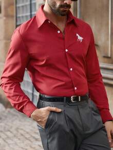 Manfinity VCAY Men's Embroidered Solid Color Regular Fit Long Sleeve Casual Button-Up Shirt Elf - Red - View 3