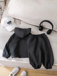 两件套男婴灰色秋季装饰针织连帽套头衫和松紧腰裤套装，休闲运动百搭套装，适合户外和室内穿着 - 黑色 - 查看 2
