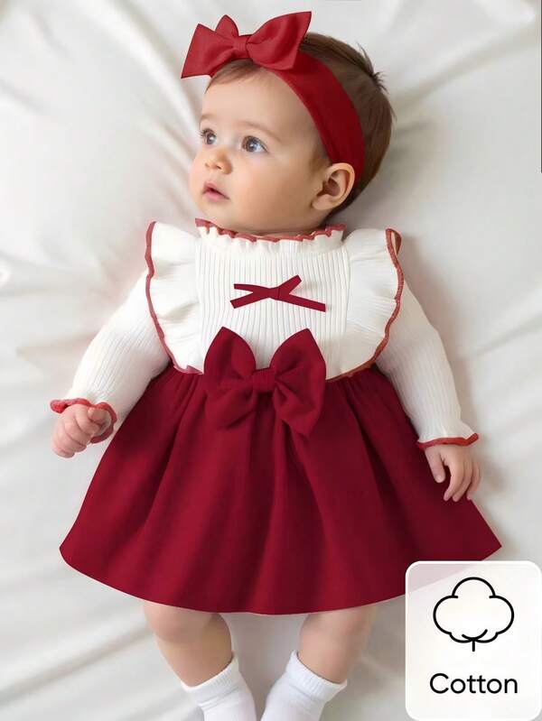 Newborn Baby Girl White Long Sleeved Lace Collar Patchwork Pink Bow Dress Autumn And Winter New Elegant Retro Cute Fabric Comfortable