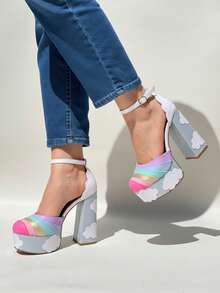 Mujer tacón alto arcoíris punta redonda estilo festivo plataforma primavera-verano - Blanco - Ver 3
