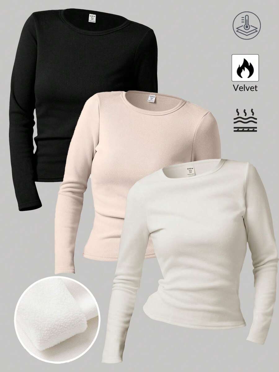 SHEIN Girlism Áo nỉ cổ tròn trơn màu cơ bản dành cho bé gái tuổi teen (Đen, Trắng, Xám) - Nhiều màu - Xem 1