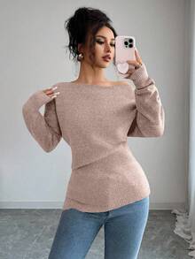 Elenzga 女士纯色斜肩长袖休闲毛衣，秋冬 - 粉色 - 查看 4