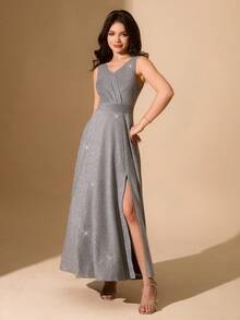 少女V领褶裥腰部圣诞连衣裙，优雅