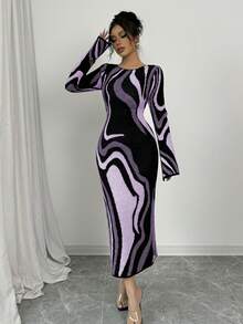 Elenzga Women's Fashion Casual Color Block Bodycon Waist Dress - Mauve Purple - View 6