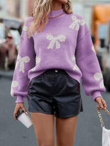 SHEIN LUNE Suéter de punto con cuello redondo, ajuste holgado y mangas farol - Morado - Ver 5