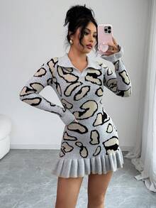 Elenzga Autumn/Winter Fashion Leopard Print Ruffle Hem Bodycon Design Women Sweater Dress - Grey - View 5