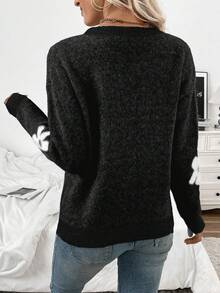 SHEIN LUNE 女士休闲蓬松花朵图案圆领落肩长袖针织套头毛衣，秋冬款 - 黑色 - 查看 2