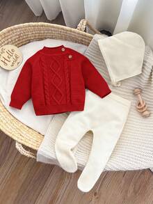 SHEIN 新生女宝宝冬季保暖毛衣、裤子和帽子套装 - 紅色 - 查看 7
