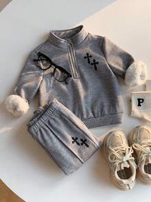 2pcs/Set Baby Boys Thermal Lined Crew Neck Sweatshirt And Jogger Pants Set, Comfortable & Versatile Daily Casual Outfit With Cute Graphic Designs, Suitable For Indoor, Outdoor, Skiing, Sports, Play, Party, Holidays In Autumn/Winter Baby Boy Winter Sets Baby Set Autumn Winter Season - Black and White - View 10