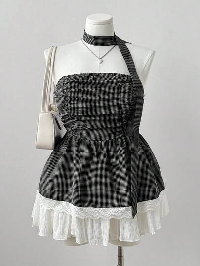 Sunspun 大码蕾丝下摆露脐抹胸上衣，格纹肩带细节