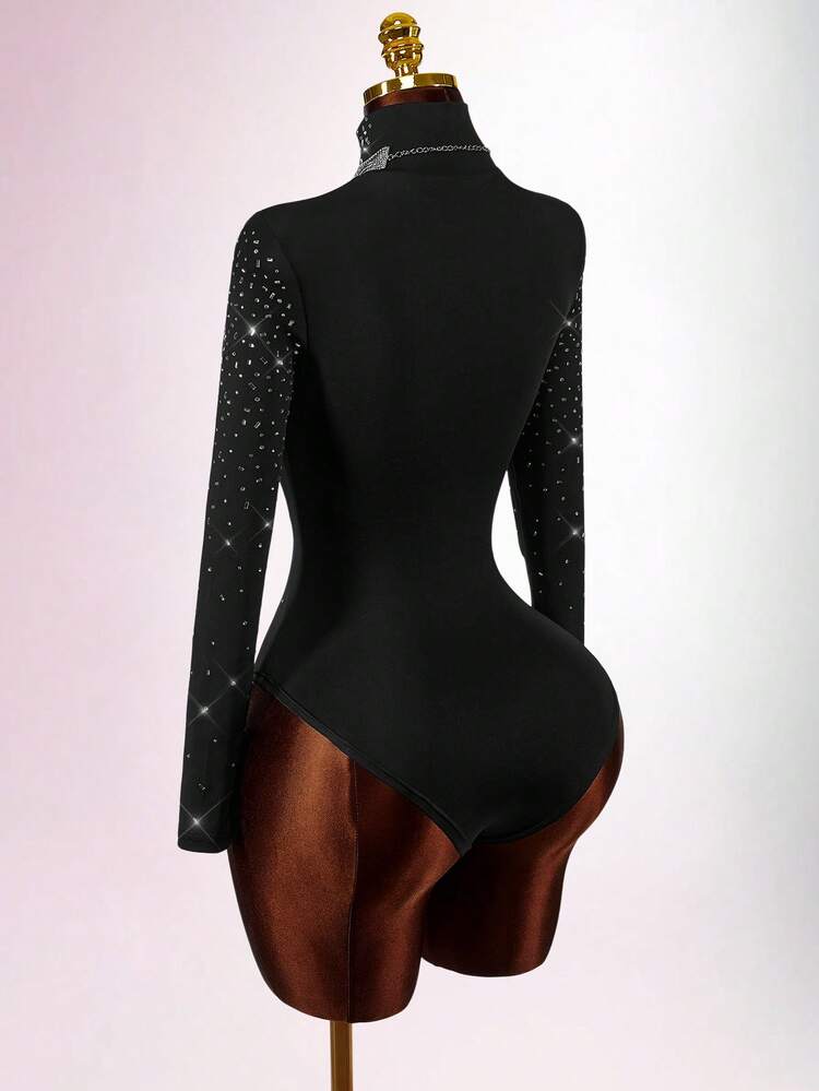 Amplova Square & Round Rhinestone Decor Turtleneck Long Sleeve High Waist Mini Party Bodysuit - Black - View 7