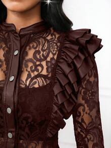 SHEIN Lady 新款女士蕾丝长袖复古纽扣荷叶边蕾丝拼接上衣，女士职业衬衫 - 棕色 - 查看 7