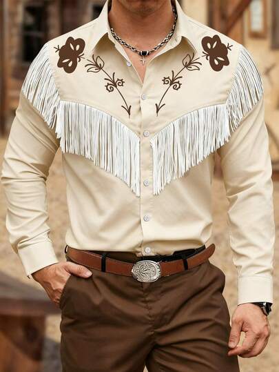 Manfinity Nomadique Men's Vacation Western Style Floral Print Fringe Decorated Shirt
