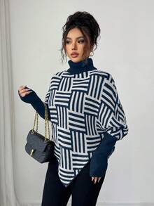 Selianne Women's Navy Blue Knitwear Rib-Knit Asymmetrical Long Pullover Sweater - Navy Blue - View 5