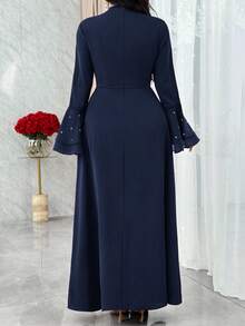 Modelyn Flared Sleeve, Rhinestone Decor, Heterogeneous Material Patchwork Waist Cinched Elegant Party Dress, Flattering - Navy Blue - View 7