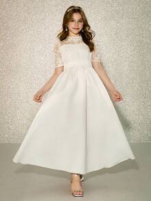 Satin Lace Patchwork Embroidered Mesh Dress, High-End White Formal Dress For Tween Girl - White - View 5