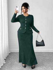 Elenzga 大码女士优雅纯色修身外套和鱼尾裙套装，春秋季 - 墨綠色 - 查看 1