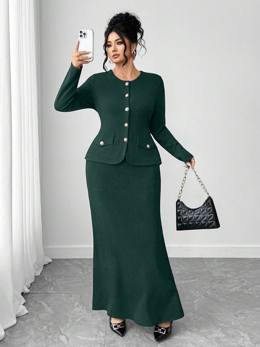 Elenzga 大码女士优雅纯色修身外套和鱼尾裙套装，春秋季 - 墨綠色 - 查看 1